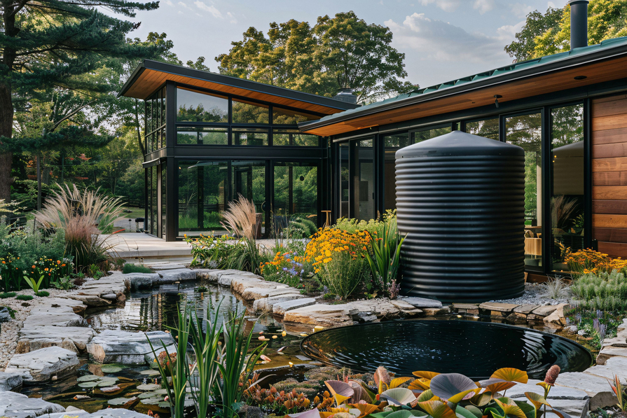 Ein moderner Regenwassertank speichert Regenwasser im Garten eines zeitgemäßen Wohnhauses.
